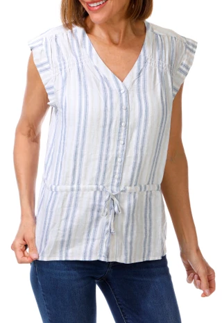Thumbnail 1: Coral Bay Women's Short Sleeve Stripe Tie Waist Top 