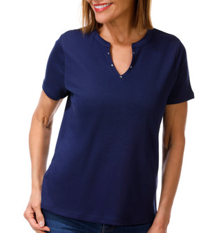 Thumbnail 1: Coral Bay Petite Short Sleeve Solid Embellished Split Neck Top 