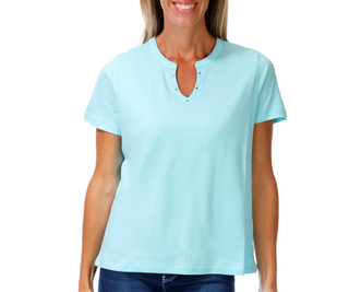 Thumbnail 1: Coral Bay Petite Short Sleeve Solid Embellished Split Neck Top 