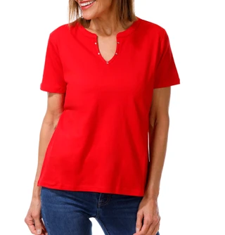 Thumbnail 1: Coral Bay Petite Short Sleeve Solid Embellished Split Neck Top 