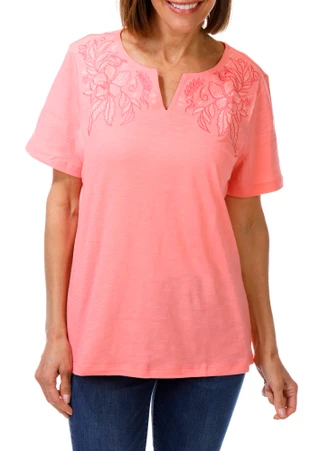 Thumbnail 1: Coral Bay Women's Short Sleeve Embroidered Split Neck Top 