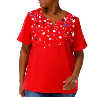 Thumbnail 1: Coral Bay Plus Short Sleeve Embellished Star Split Neck Top 