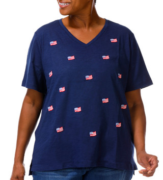 Thumbnail 1: Coral Bay Plus Short Sleeve Embroidered Flag V Neck Top 