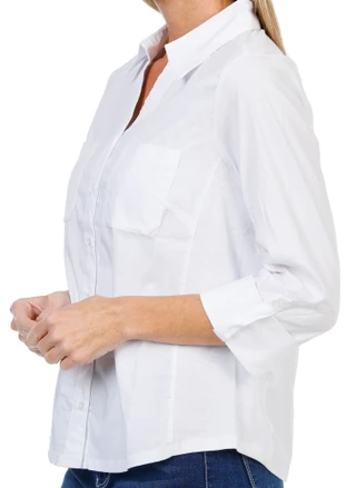 Thumbnail 3: Coral Bay Women's Petite 3/4 Sleeve Tropical Print Button Up Top 