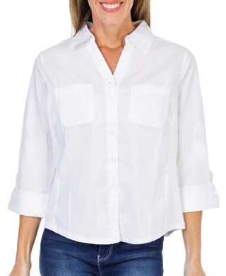 Thumbnail 1: Coral Bay Women's Petite 3/4 Sleeve Tropical Print Button Up Top 