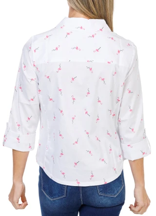Thumbnail 3: Coral Bay Women's Petite 3/4 Sleeve Tropical Print Button Up Top 