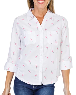 Thumbnail 1: Coral Bay Women's Petite 3/4 Sleeve Tropical Print Button Up Top 