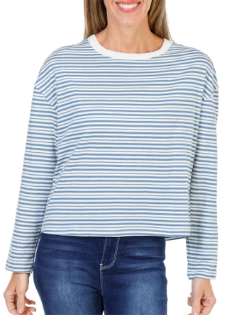 Thumbnail 1: BUNULU Women's Long Sleeve Ribbed Collar Striped Top  