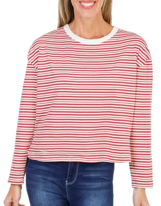Thumbnail 1: BUNULU Women's Long Sleeve Ribbed Collar Striped Top  