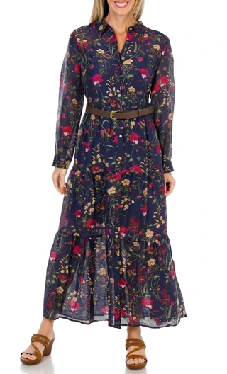 Thumbnail 1: Cece Women's Long Sleeve Tiered Maxi Dress w/ Belt  