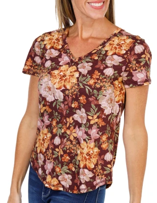 Thumbnail 4: Blue Sol Women's Petite Short Sleeve Floral Print Luxey Tee  