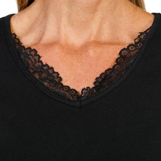 Thumbnail 3: Coral Bay Women's Petite 3/4 Sleeve Lace V-Neck Solid Top  