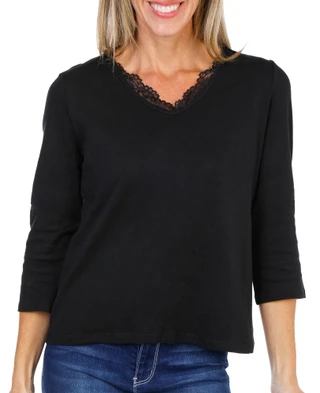 Thumbnail 1: Coral Bay Women's Petite 3/4 Sleeve Lace V-Neck Solid Top  