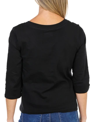 Thumbnail 2: Coral Bay Women's Petite 3/4 Sleeve V-Neck Solid Black Top  