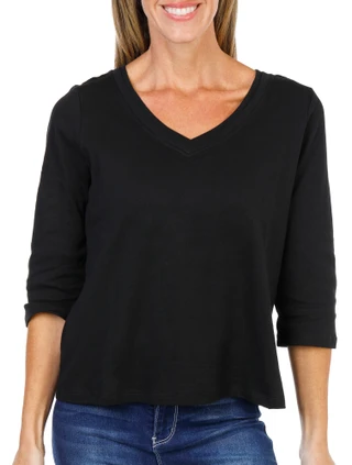 Thumbnail 1: Coral Bay Women's Petite 3/4 Sleeve V-Neck Solid Black Top  