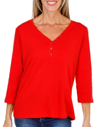 Thumbnail 1: Coral Bay Women's 3/4 Sleeve Solid V-Neck Henley Top  
