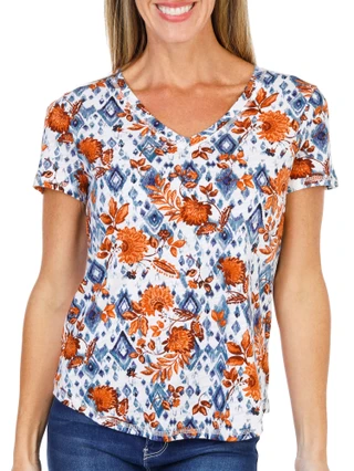 Thumbnail 1: Blue Sol Women's Petite Short Sleeve Aztec Floral Print Luxey Tee 