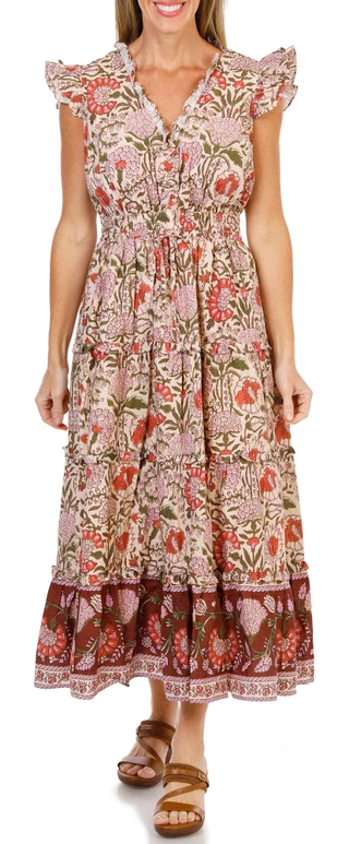 Thumbnail 1: FARMERS MARKET Women's Cap Sleeve Floral Ruffle Tiered Midi Dress  