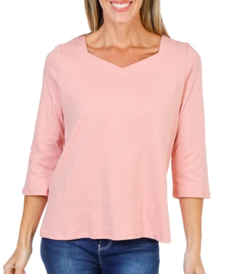 Thumbnail 1: Coral Bay Women's Petite 3/4 Sleeve Solid V-Neck Top  