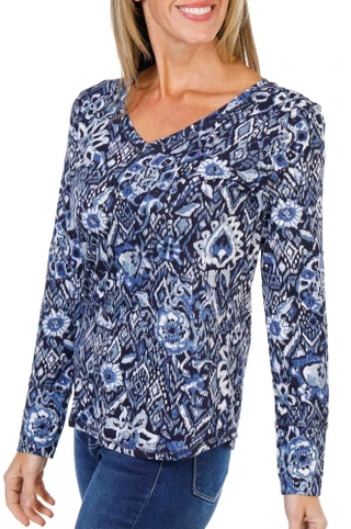 Thumbnail 3: Blue Sol Women's Long Sleeve V-Neck Print Luxey Tee  