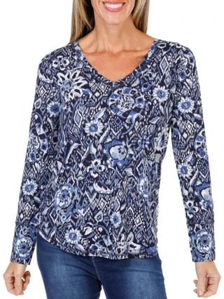 Thumbnail 1: Blue Sol Women's Long Sleeve V-Neck Print Luxey Tee  