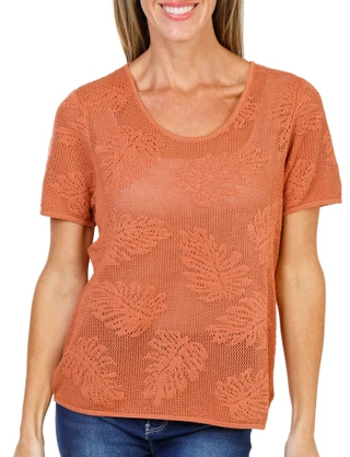 Thumbnail 1: DR2 Women's Short Sleeve Palm Leaf Stitch Pullover Top  