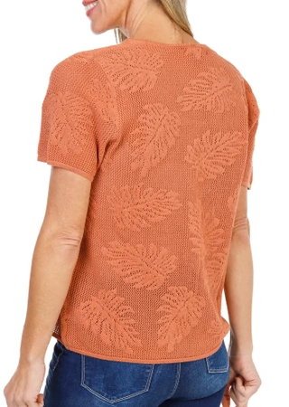 Thumbnail 2: DR2 Women's Short Sleeve Palm Leaf Stitch Pullover Top  