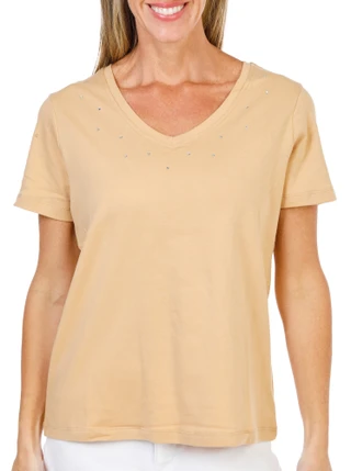 Thumbnail 1: Coral Bay Women's Short Sleeve Rhinestone V-Neck Top 