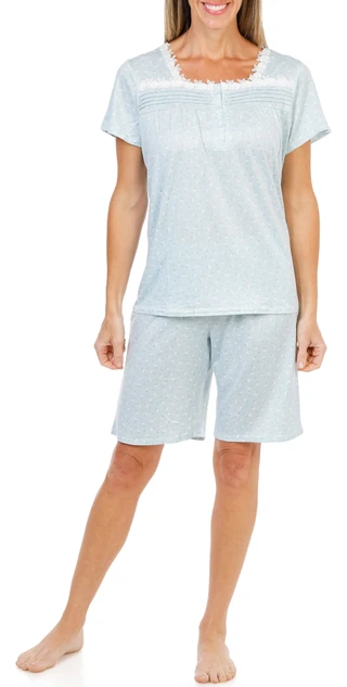 Thumbnail 2: Laura Ashley Women's 2 Pc Floral Short Sleeve Lace Trim Pajama Set 