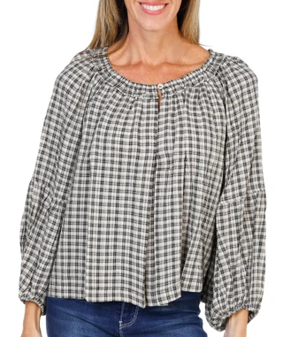 Thumbnail 1: MAX STUDIO Women's Long Bubble Sleeve Plaid Peasant Top  