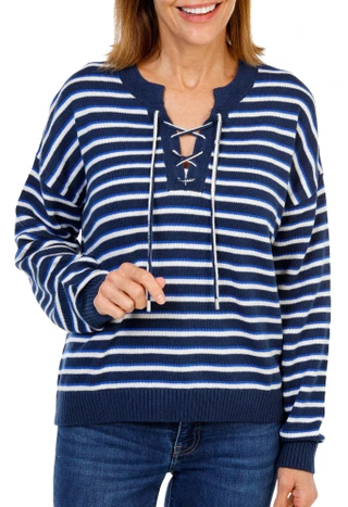 Thumbnail 1: Southern Tide Women's Long Sleeve Striped Lace-Up Sweater 