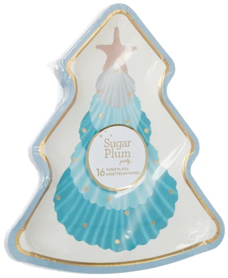 Thumbnail 1: SOPHISTIPLATE 16 Pk Coastal Shell Christmas Tree Die Cut Party Plates 