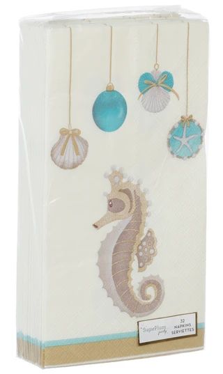 Thumbnail 1: SOPHISTIPLATE 32 Pk Coastal Christmas Seahorse & Ornaments Dinner Napkins 