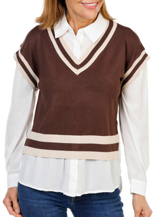 Thumbnail 1: RIO & RIAN Women's Varsity Vest with Sewn-in Long Sleeve Shirt 