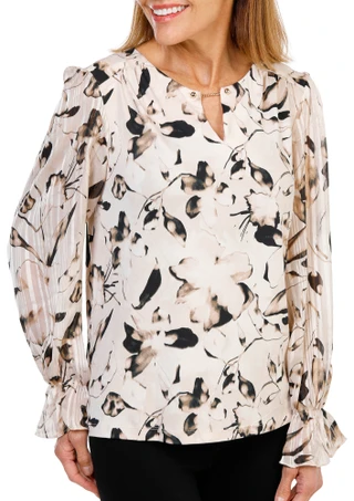 Thumbnail 1: Sara Michelle Women's Pleated Sleeve Keyhole Blouse 