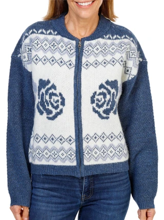 Thumbnail 1: Lucky Brand Women's Zip Up Bomber Sweater with Roses 