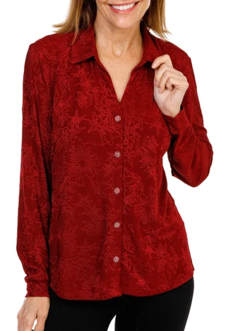 Thumbnail 1: BADGLEY MISCHKA Women's Embroidered Long Sleeve Button Front Split Neck Top 