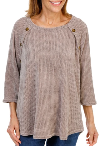 Thumbnail 1: Anneliese Women's Plus Chenille 3/4 Sleeve Button Shoulder Top 