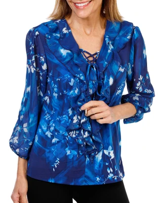 Thumbnail 1: ADRIENNE VITTADINI Women's 3/4 Sleeve Ruffle V-Neck Blouse 