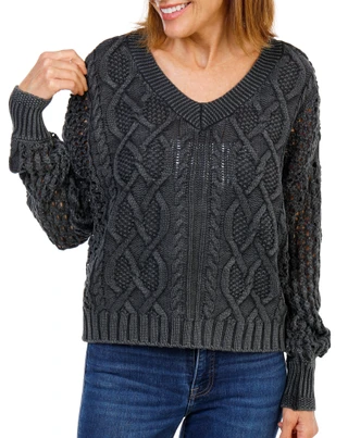 Thumbnail 1: Another Love  Women's Long Sleeve Cable Knit V-Neck Sweater  
