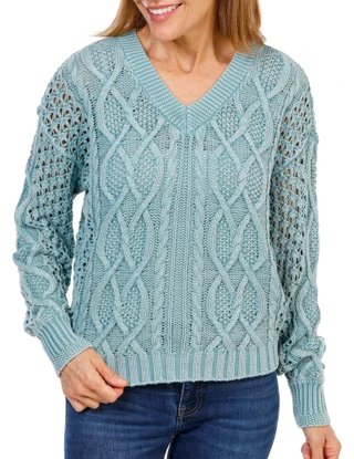 Thumbnail 1: Dear John Women's V-Neck Open Cable Knit Pullover Sweater 