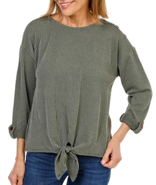 Thumbnail 1: Set The Stage Women's Tie Front Button Shoulder Roll Tab Sleeve Top 
