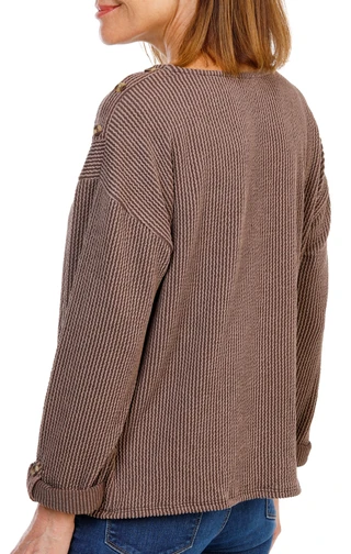 Thumbnail 2: Set The Stage Women's Tie Front Button Shoulder Roll Tab Sleeve Top 