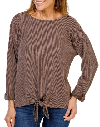 Thumbnail 1: Set The Stage Women's Tie Front Button Shoulder Roll Tab Sleeve Top 