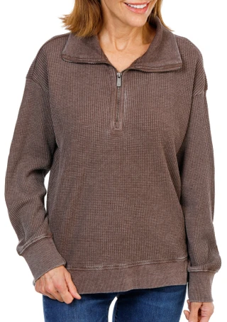 Thumbnail 1: C&C California Women's Quarter Zip Long Sleep Waffle Pullover Top 