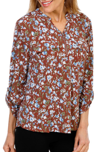 Thumbnail 1: Cure Women's Printed 3/4 Sleeve Quarter Zip Split Neck Top 