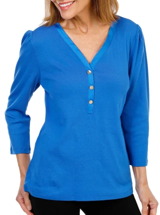 Thumbnail 1: Rafaella Women's 3/4 Puff Sleeve Henley V-Neck Top 