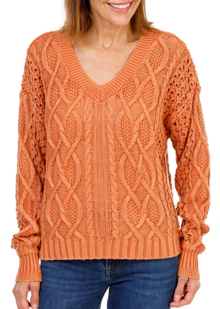 Thumbnail 1: Another Love  Women's V-Neck Open Cable Knit Pullover Sweater 