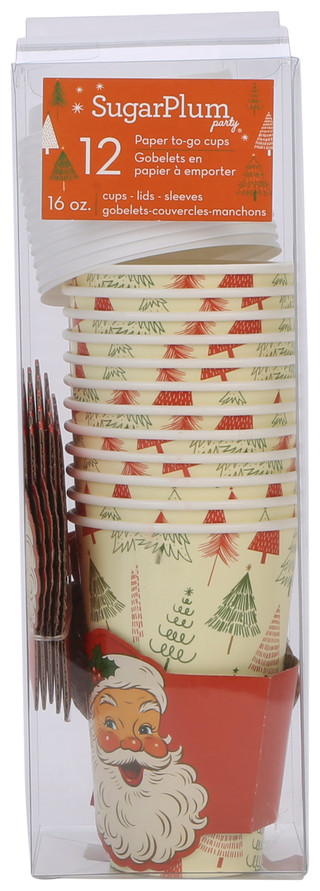 Thumbnail 1: Sugar Plum Party 12 Pk 16 oz Christmas Santa Paper To-Go Cups w/ Lids 