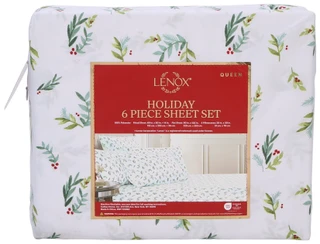 Thumbnail 2: Lenox Queen 6 Pc Christmas Holly Sheet Set 
